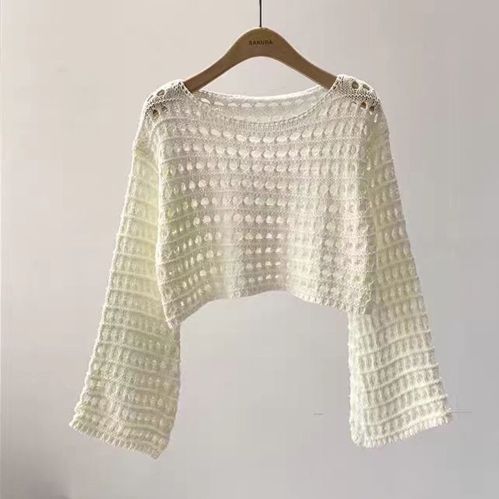 White Crochet Long Sleeve Crop Top – Lightweight Open Knit Sweater